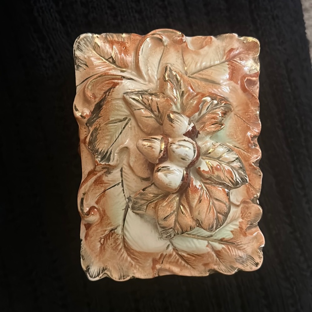 Vintage Japanese 1970s multicolored ceramic trinket box with a glossy finish.